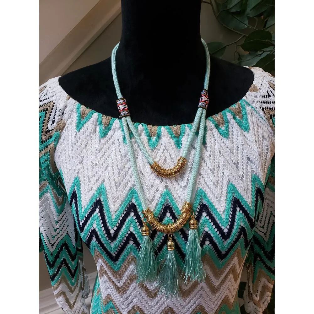 Tacera Mini Dress Women's Small Multi Chevron Print Lace Long Sleeve Round Neck - Image 5