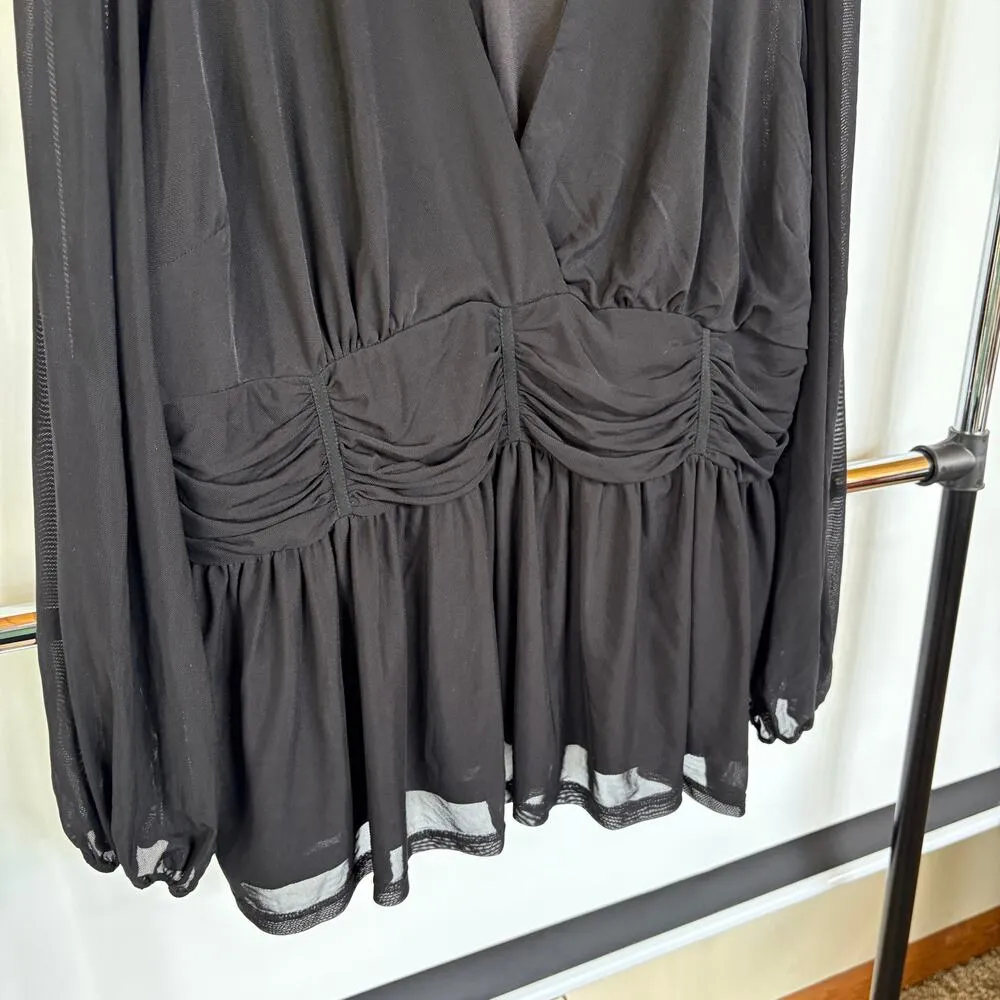 Y2K Black Ruched Whimsygoth Dark Fairy Flowy Sheer Sleeves Witchy Blouse XL - Image 3