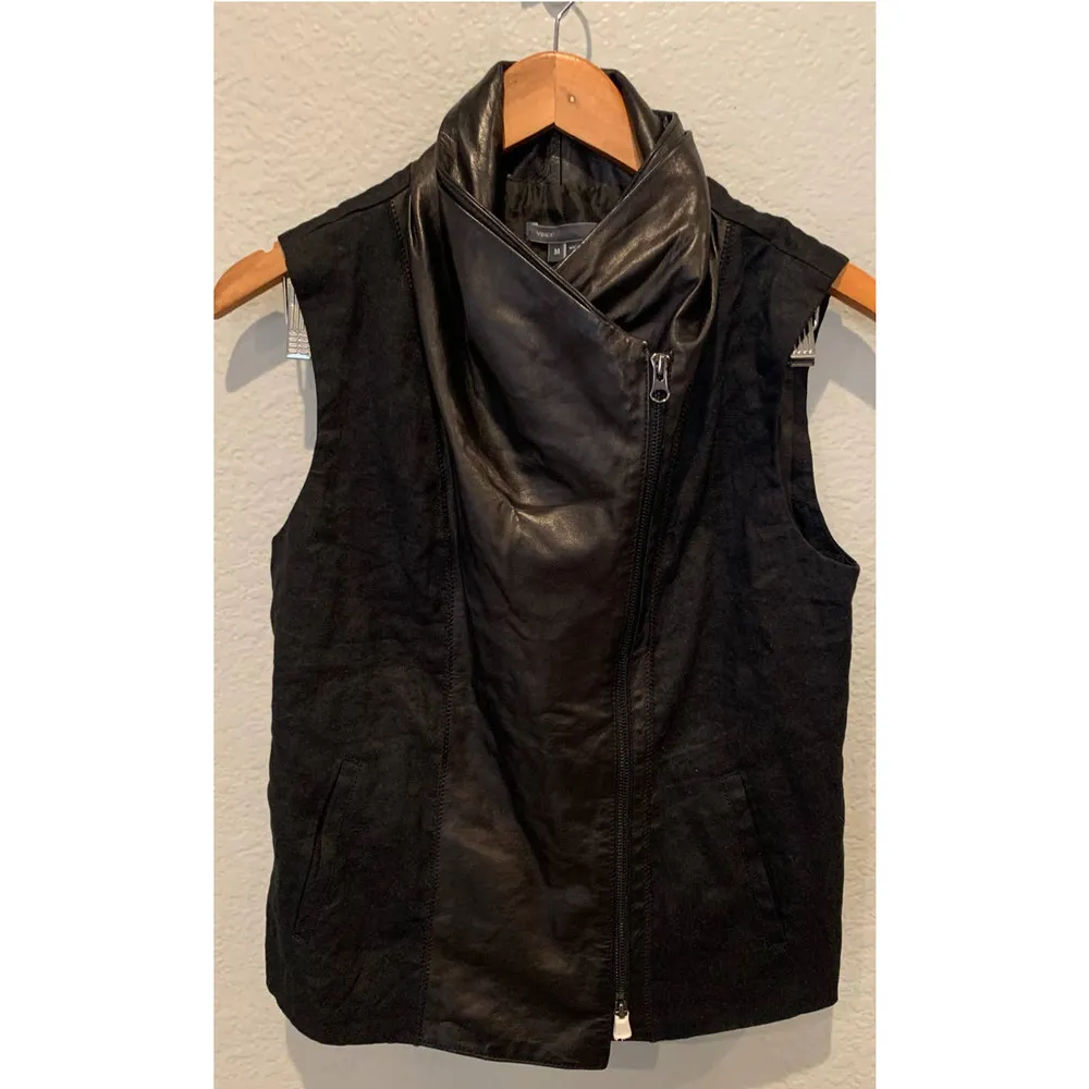 VINCE Asymmetric Leather Linen-Blend Vest (M) - Image 8