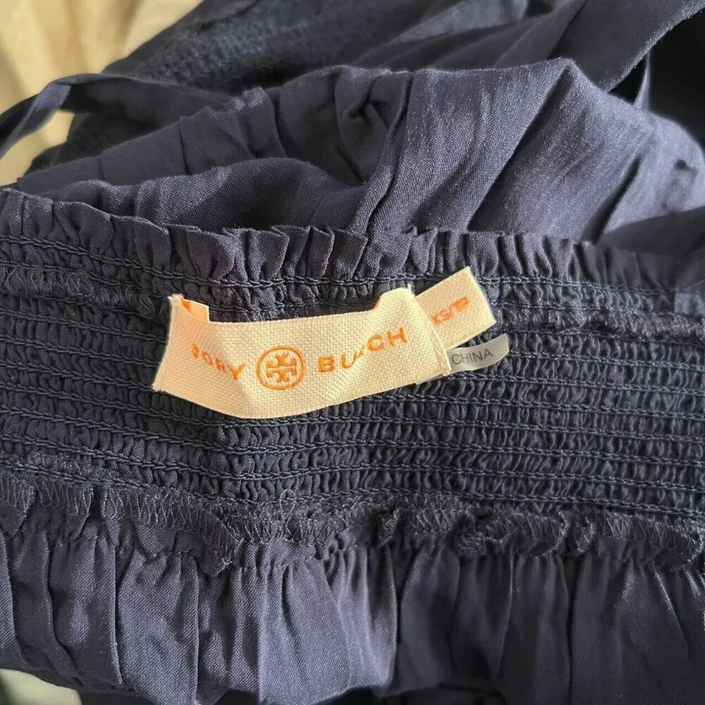 NWOT Tory Burch Smocked Shoulder-Tie Jumpsuit Size XS Navy Blue - Image 10