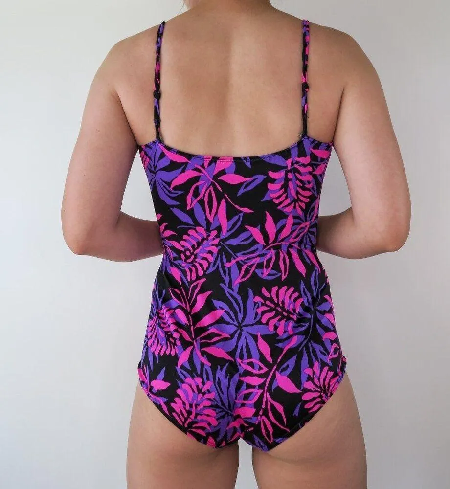 Vintage 80s Sea Fair Tropical Pink & Purple Floral Swim Dress Size M - Image 3