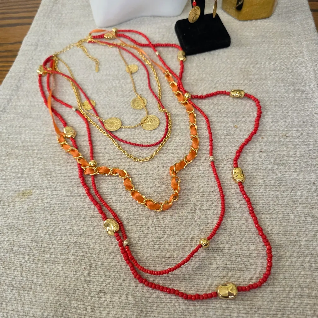 Nordstrom Six Tier Boho Necklace and Earrings Gold Coins Seed Bead Gold Chain - Image 2