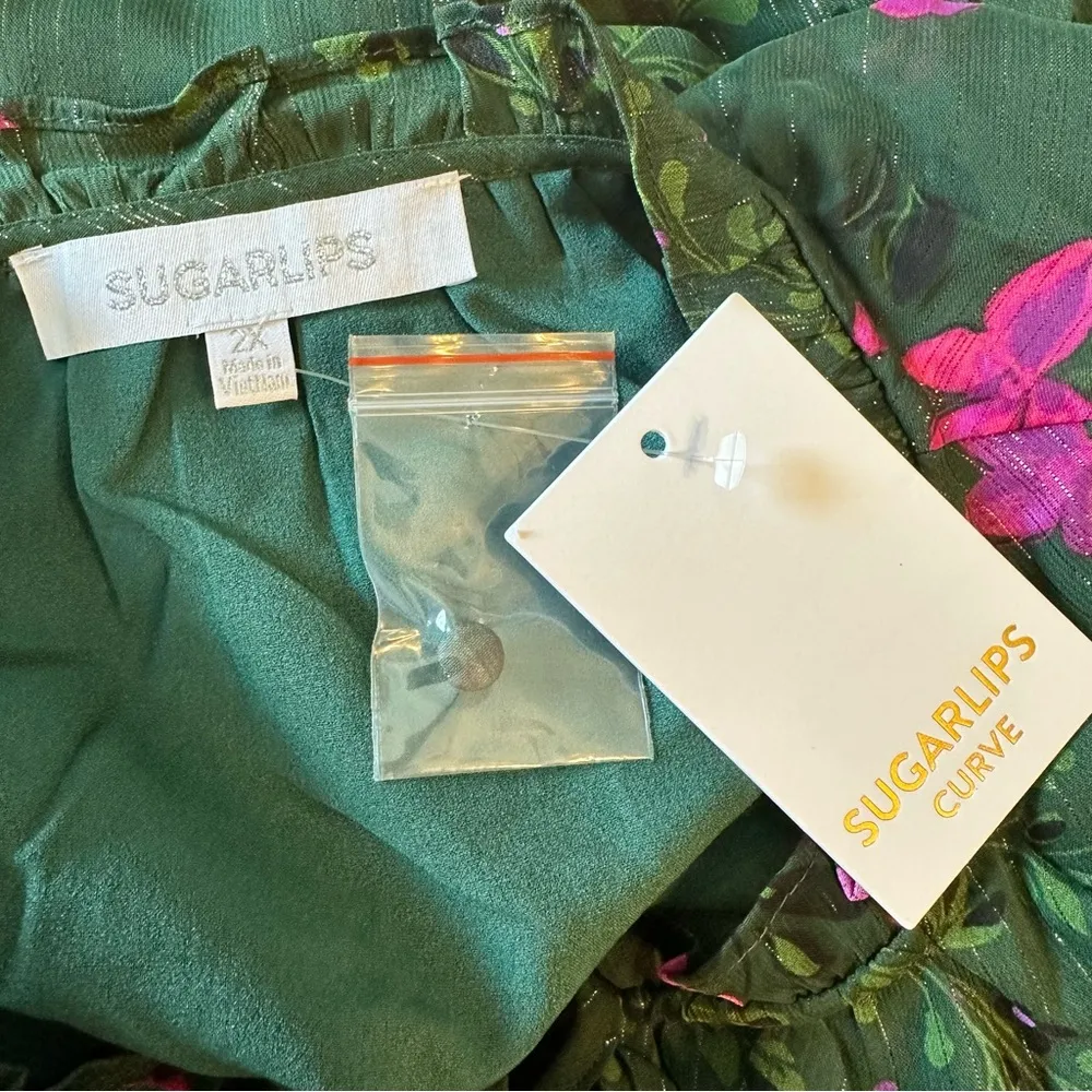 Sugarlips Juniper Floral Marquette Henley Blouse size 2X Long Sleeves Green NWT - Image 11