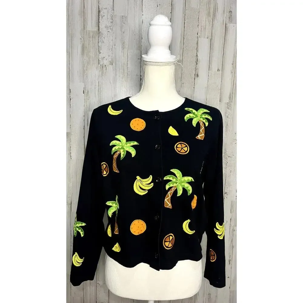 Vintage Emma Tricot‎ Embroidered Beach Themed Cardigan Black Women's Small - Image 2