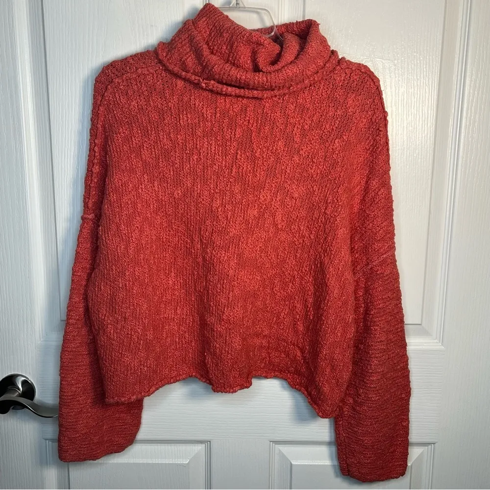 Free People Sz XS The Big Easy Cropped Cowl Neck Sweater In Coral Textured - Image 8
