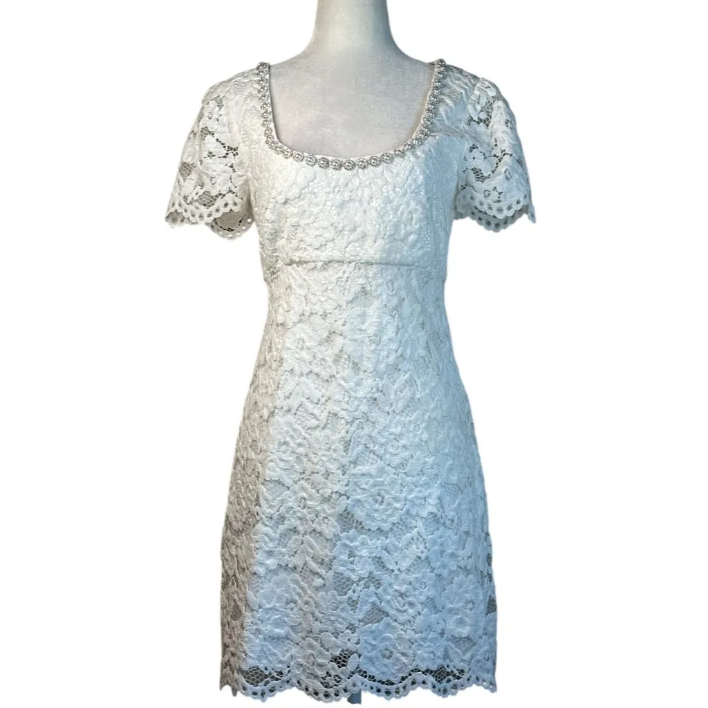 LIKELY Isa Dress in White 6 New Womens Lace Crystal Pearl Trim Mini - Image 5