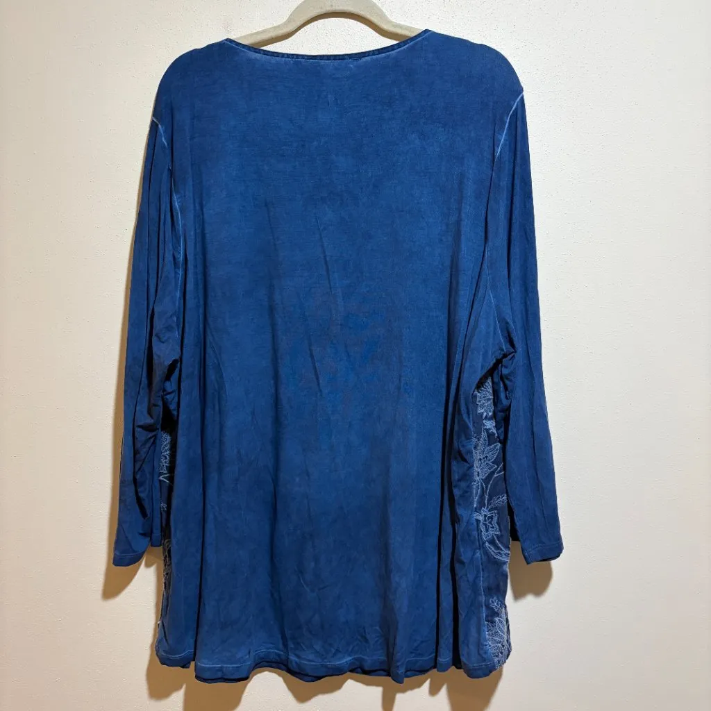 Soft Surroundings 3X Kimbra Embroidered Floral Blue Lace V Neck Roll Tab Top - Image 9