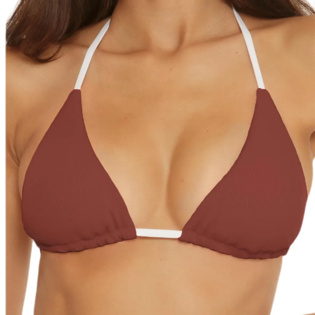 NWT BECCA Color Play Triangle Bikini Top Brown & White Tie Back Swim Top - Small - Image 1