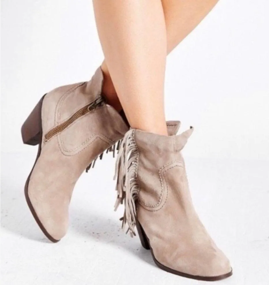 Sam Edelman Louie Fringe Booties in suede in gray taupe | Size 6.5 - Image 2