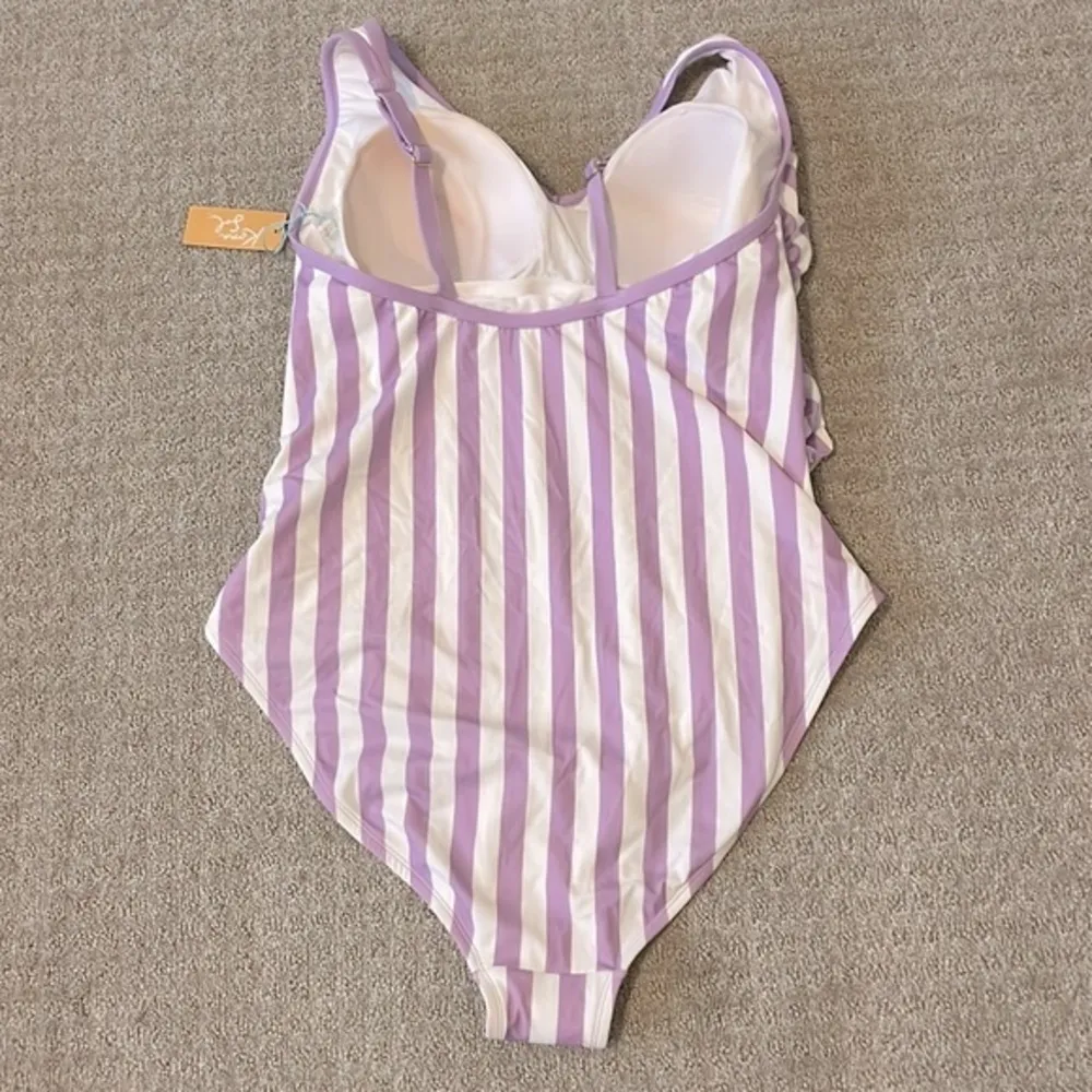 NWT- Kona Sol Lilac & White Stripes V-Neck One Piece Swimsuit - Image 4