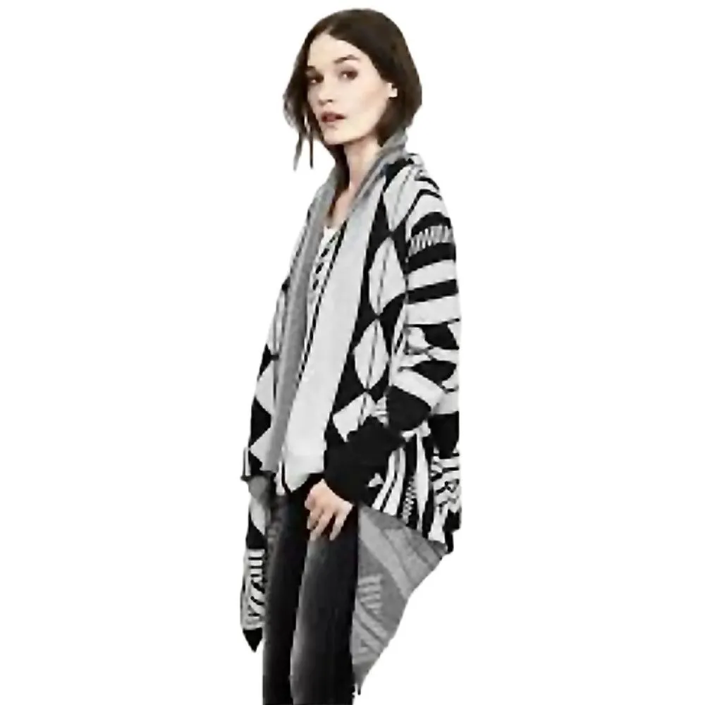 Banana Republic Black Aztec Patterned Jacquard Merino Wool Open Cardigan Small - Image 3