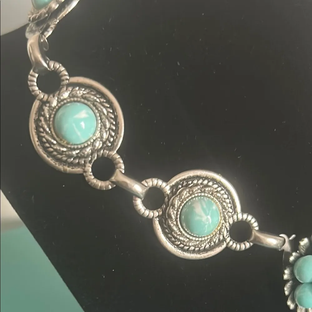 Vintage Faux Turquoise Cabochon Silver Tone Link Southwestern Choker Necklace Blue - Image 3