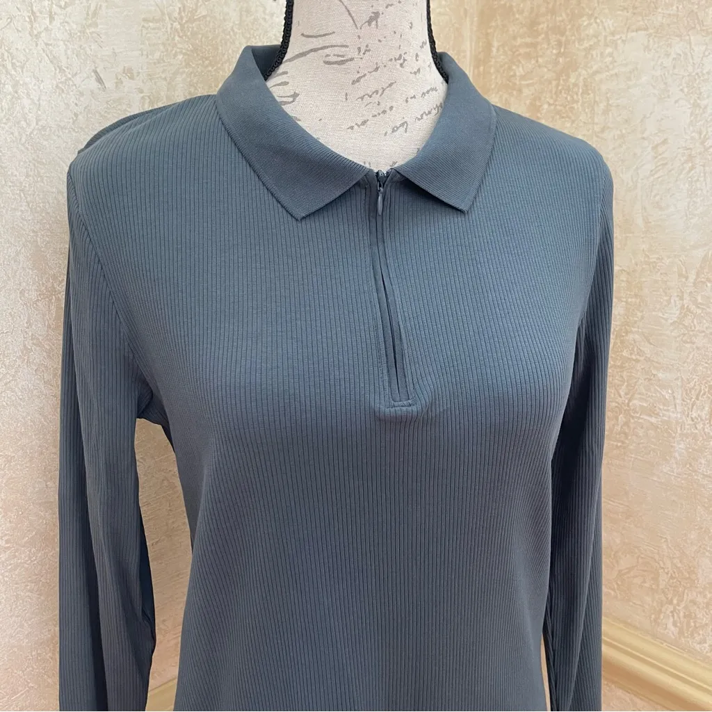 Zara Women’s Half Zip Polo collar long sleeve ribbed top 100% Cotton Blue  Sz XL - Image 3