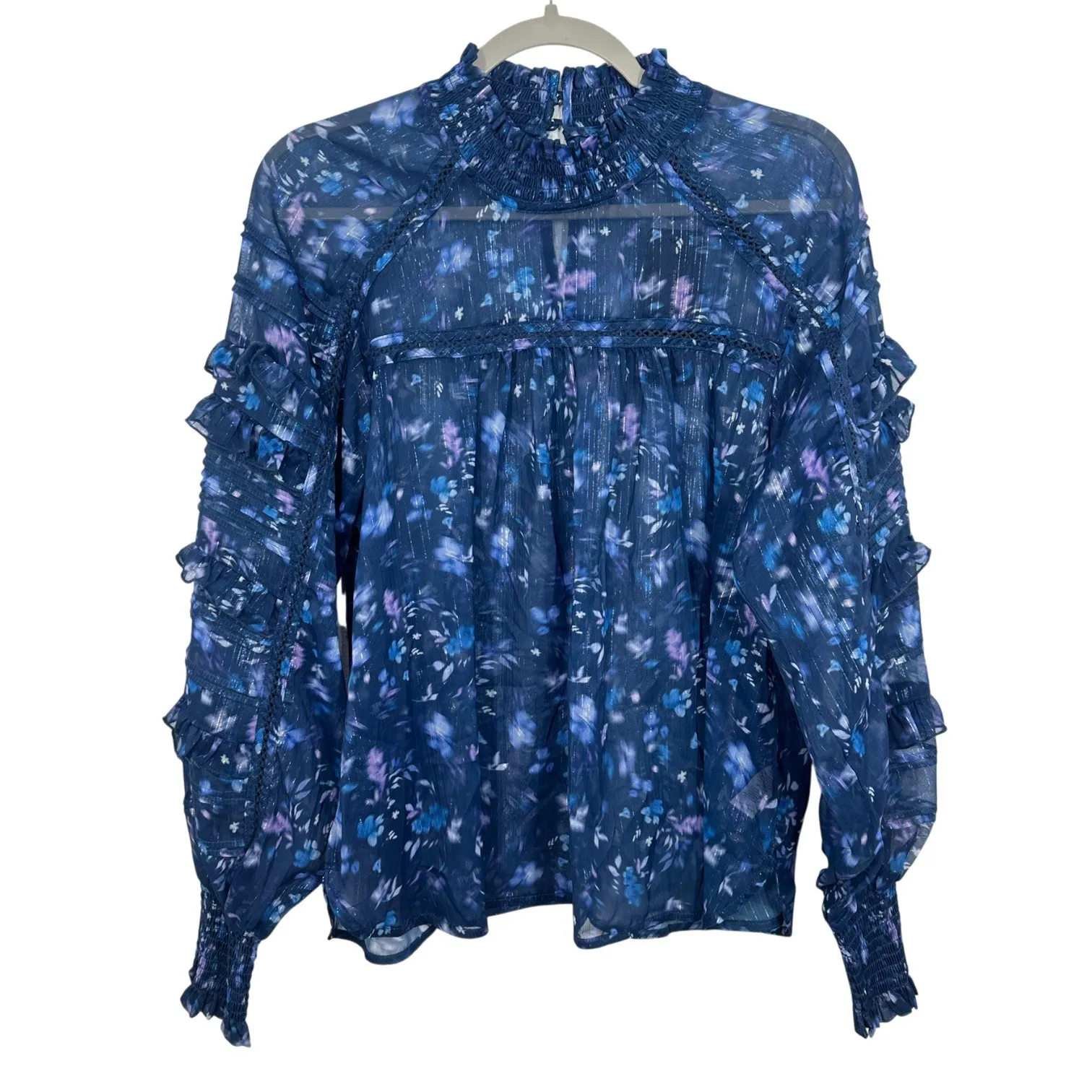 French Connection Anifrida Arica Ruffle Pleat-Sleeve Top Mock Neck Floral Sheer - Image 12