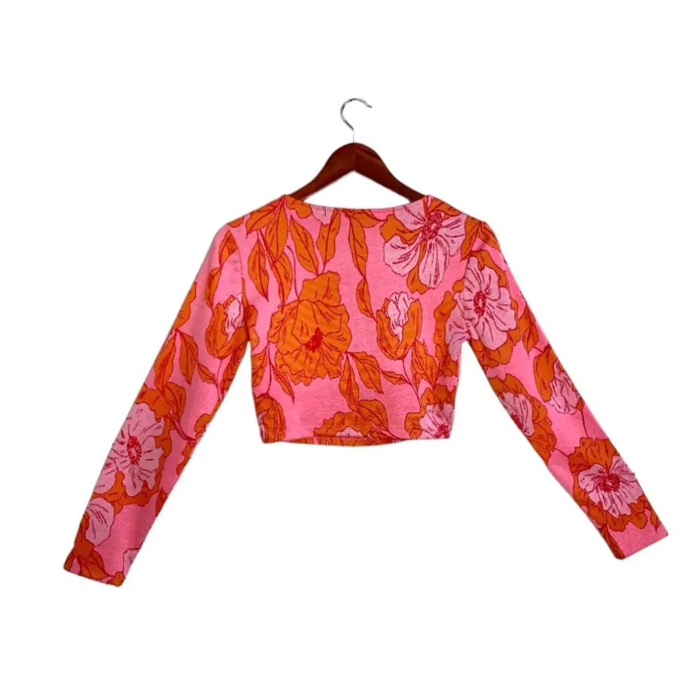 Zara Pink/Orange Floral Long Sleeve Sweetheart Neckline Bloggers Fav Cropped Top - Image 5