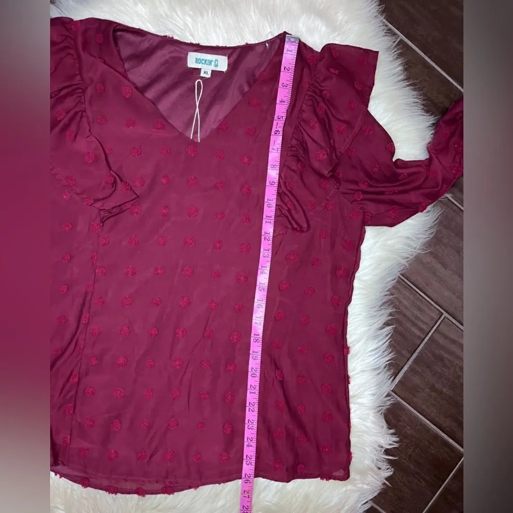 Rockin’ C burgundy Longsleeved ruffled textured dots blouse sz XL - Image 6