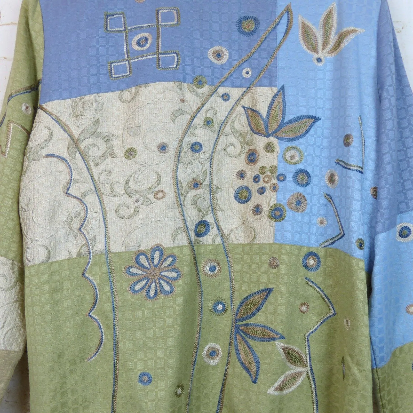 Indigo Moon Jacket Women L Blue Green Patchwork Embroidered Lined VTG Boho Artsy Size L - Image 11