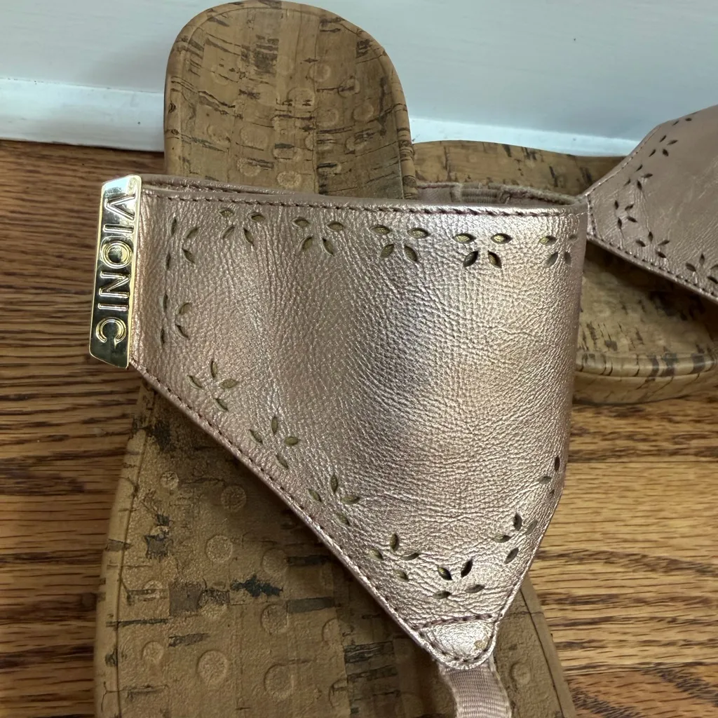 Vionic Shoes Anitra Sz 7 Rose Gold Leather Cork Wedge Sandals Comfort Orthotic - Image 3