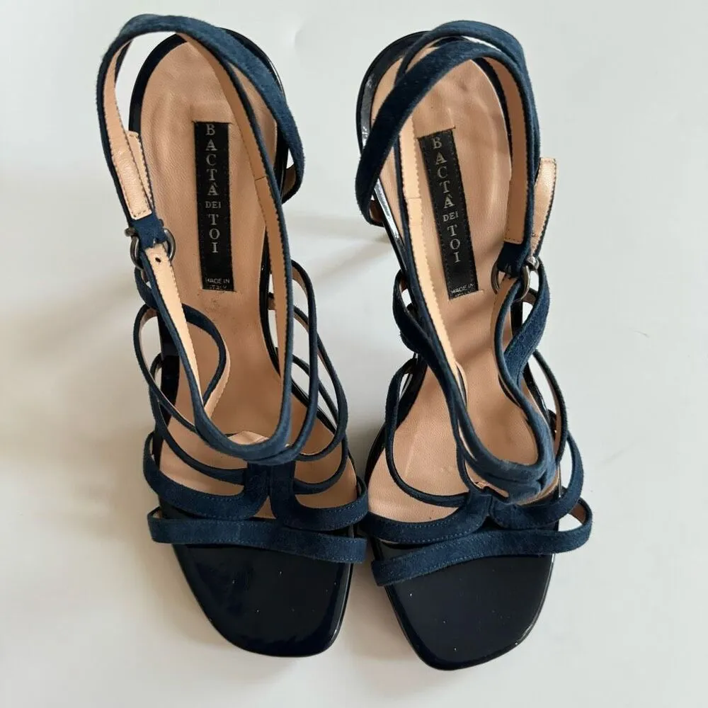 Bacta Dei Toi Made In Italy Mixed Leather 4.5” Heel Navy Sandals Size 37 6.5 Blue - Image 4