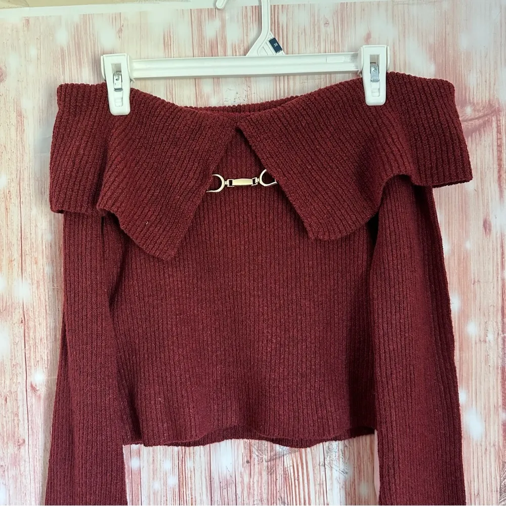 Micas Burgundy Solid Knit Metallic Off Shoulder Long-Sleeve Sweater - Image 4