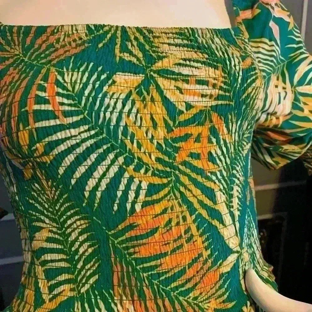 Betsey Johnson Palm Leaf Printed Maxi Dress Square Neck Puffed Sleeves Size S D8 - Image 4