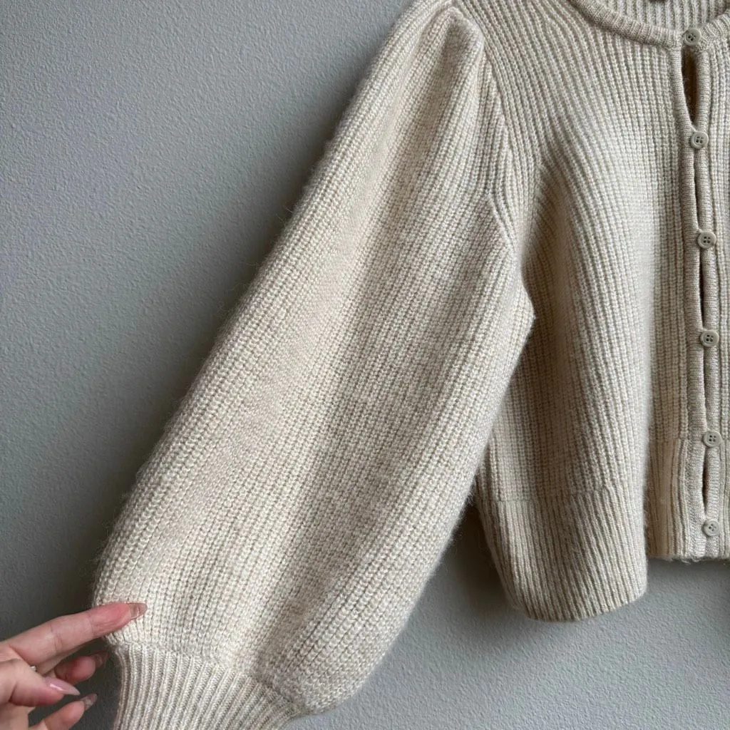 J Crew Cream Puff Sleeve Ribbed Button Cardigan Wool Alpaca Blend Size Medium - Image 4