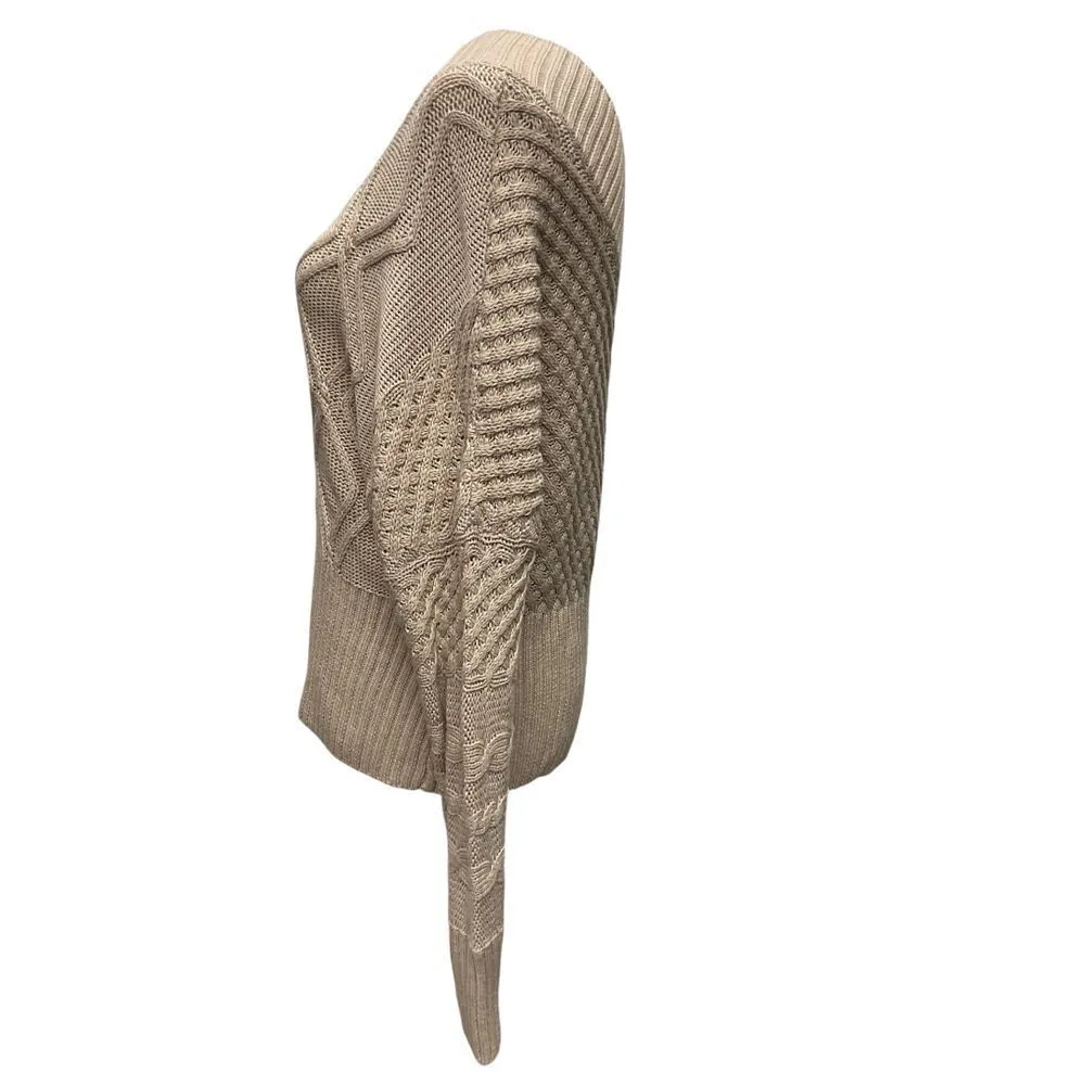 Minkpink Revolve Women's Size M‎ Chunky Cable Knit V-Neck Pullover Sweater Tan - Image 5