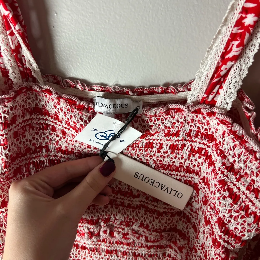 Olivaceous NEW Ditsy Floral Smocked Ruffle Frill Dress Red White Gameday Size M - Image 4