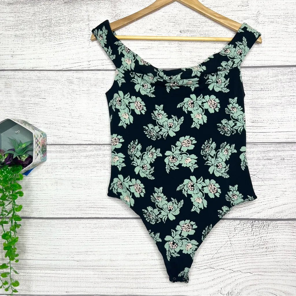 Free People So Much Floral Off Shoulder Bodysuit Size Large Black Mint Green - Image 2