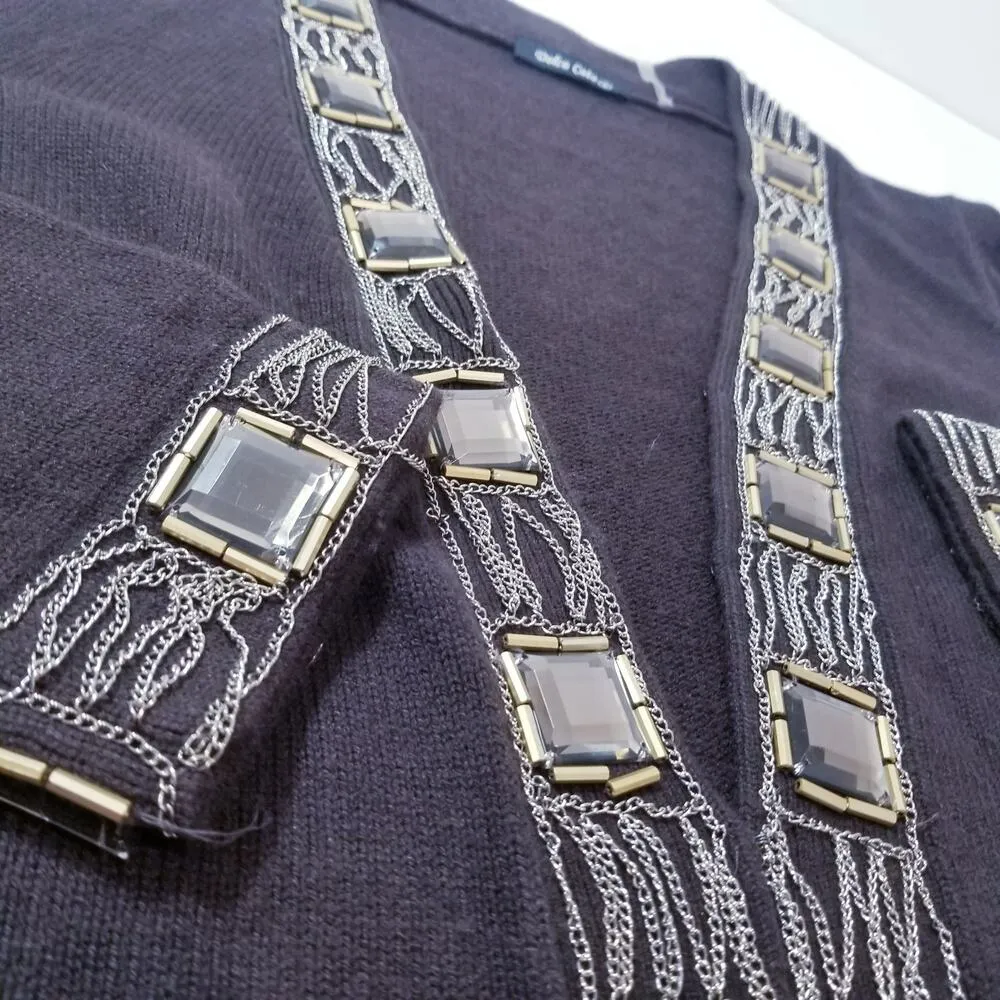 Dolce Cabo Knit Wool Cashmere Blend Chains Jeweled Cardigan Brown Size L - Image 12