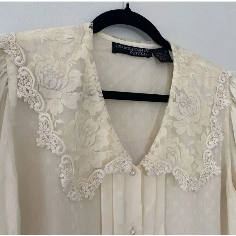 Vintage Counterparts Petites Ivory Blouse Lace Collar Pearl Button Cuffs Size 10 - Image 3