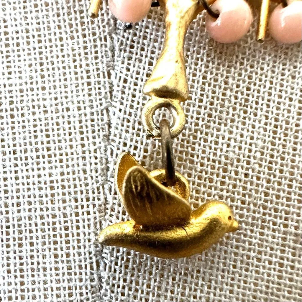 Vintage Tree of Life Necklace with Pink Beads & Bird Charm Gold - Image 6