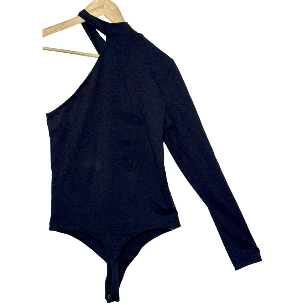 Abercrombie & Fitch Black Nylon Collared Asymmetric Long Sleeve Bodysuit Size M - Image 2
