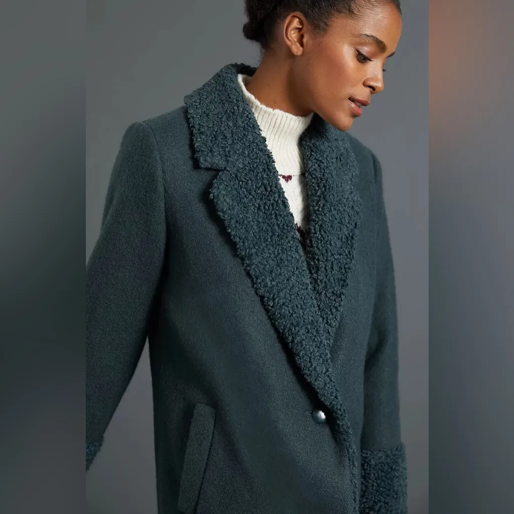 Anthropologie Hutch Colorblocked Sherpa-Trimmed Coat Green XS - Image 13