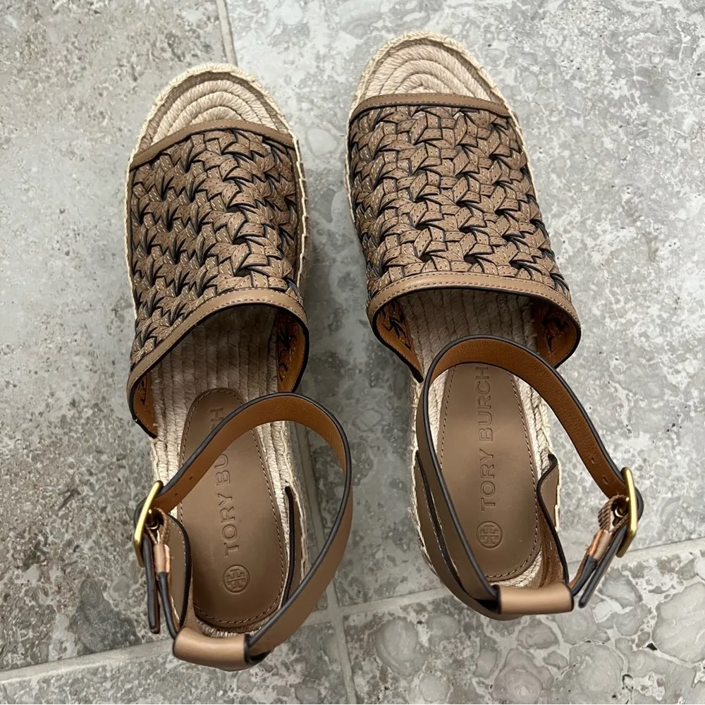 Tory Burch Basketweave Espadrille Ankle Strap Wedges Leather Size 10M New in Box - Image 11