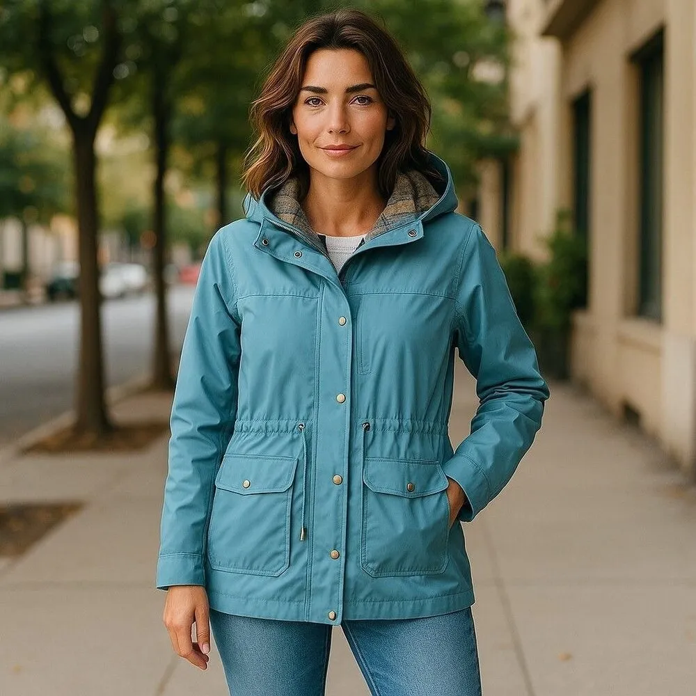 Woolrich Vintage 70s  Womens Blue Parka Jacket Hood Plaid Lining Snap Size S - Image 16