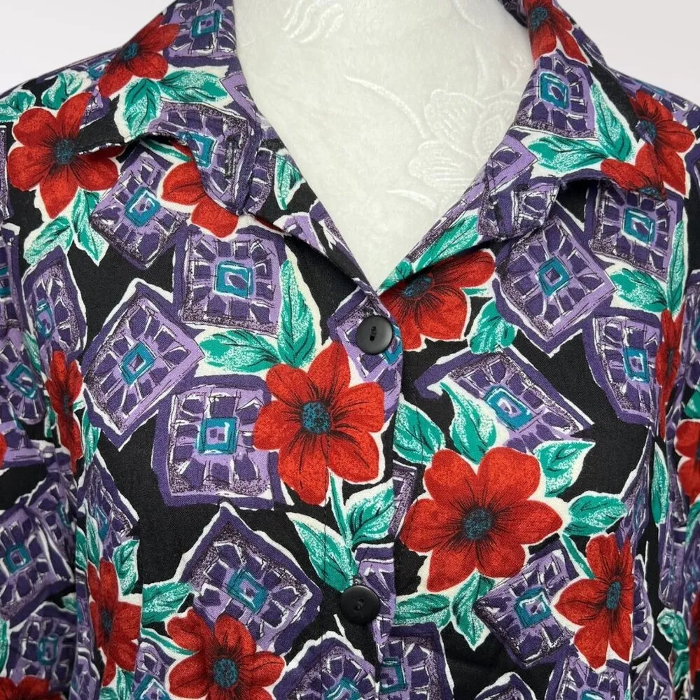 Vintage Fritzi Floral Rayon Short Sleeve Button Up Shirt Multiple Size L - Image 2