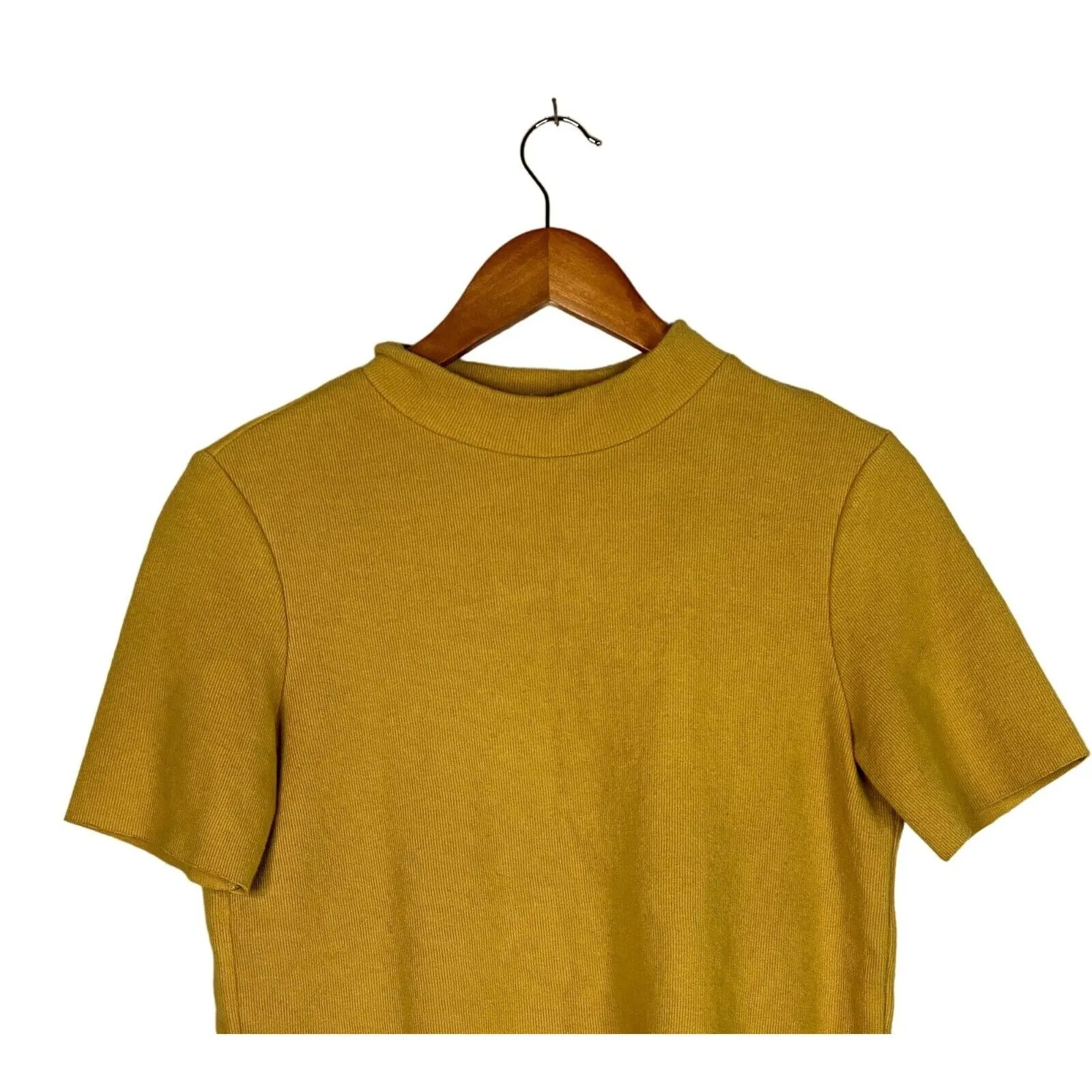 Zara Crop Ribbed Short Sleeve Mock Neck Raw Hem Crop Knit Top M Mustard Yellow - Image 3