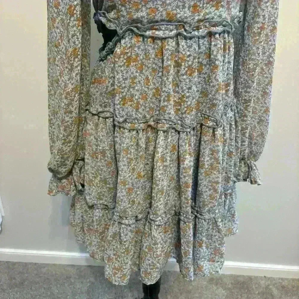 Ditsy Floral Long Sleeve Cut Outs Blue Orange Dress Ruffles Size Small - Image 7