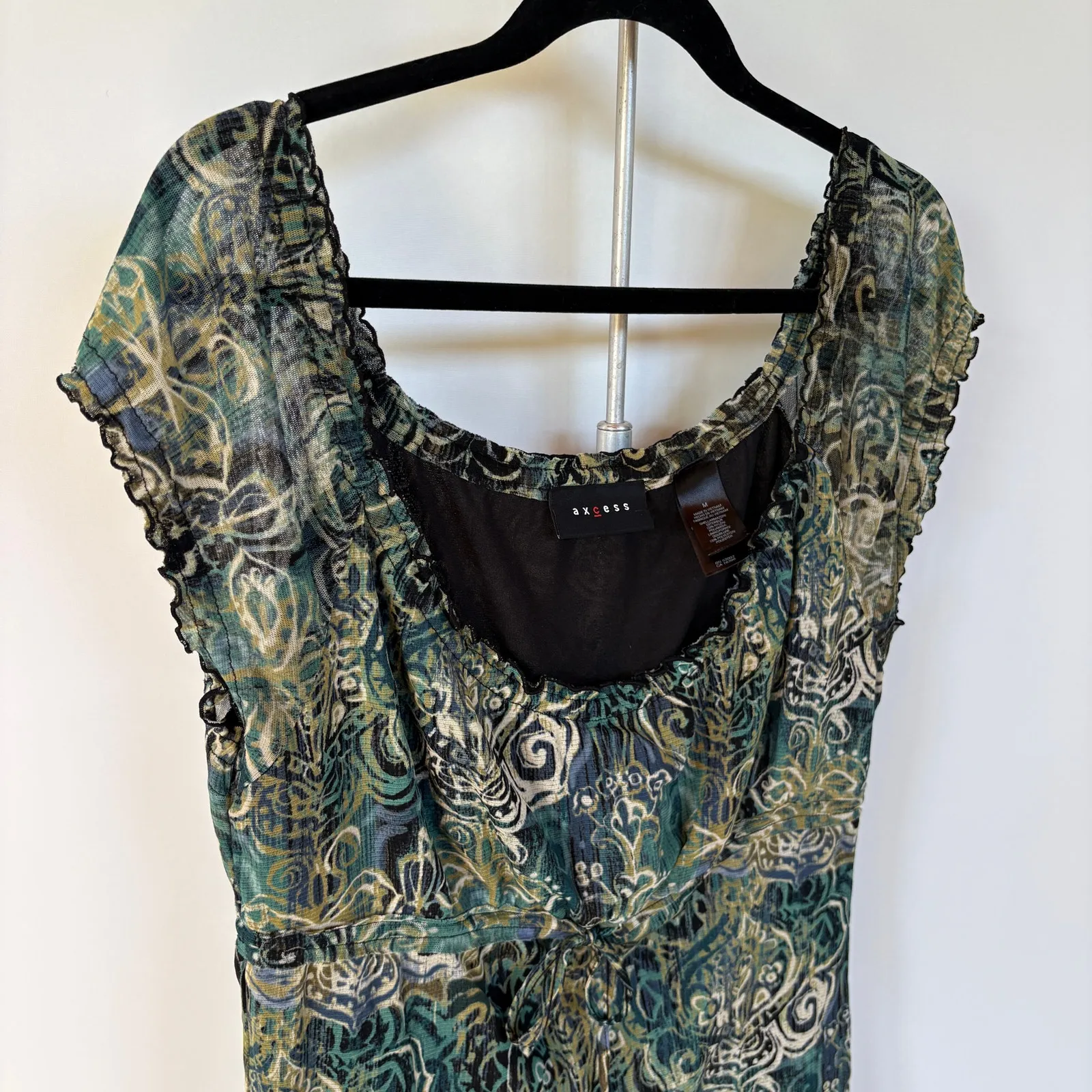 Y2K Babydoll Paisley Top Office Siren Green Blue Adjustable Sheer Sleeve Medium Black - Image 2