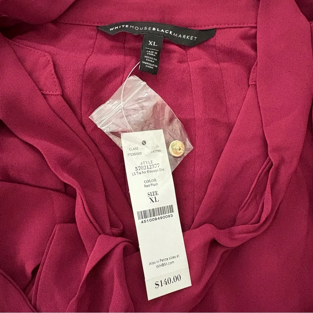 NWT, White House Black Market Tie Neck Blouson Dress in Red Plum, Sz XL - Image 14