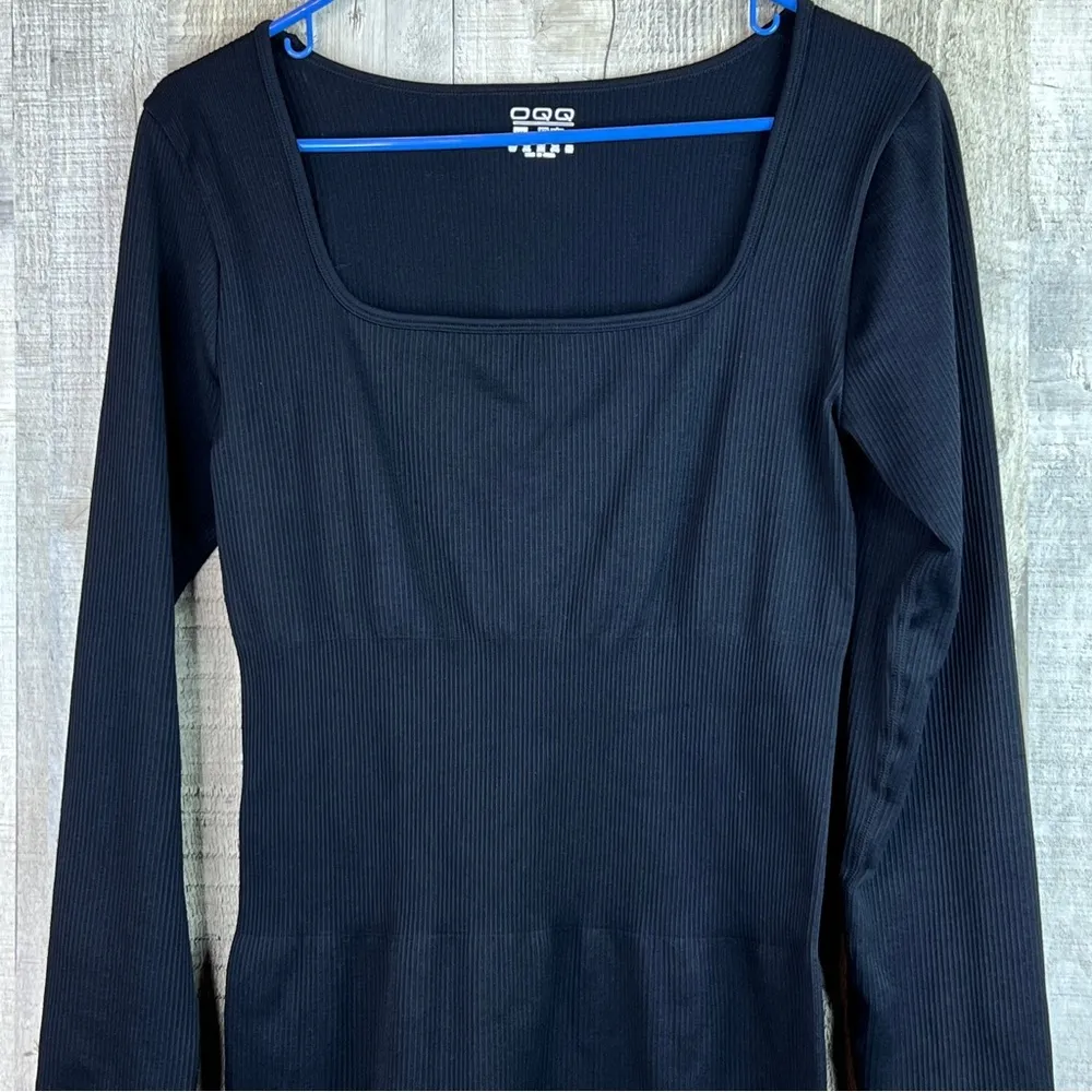 OQQ Black XL Compression Ribbed Dress Long Sleeve Square Neck - Image 3