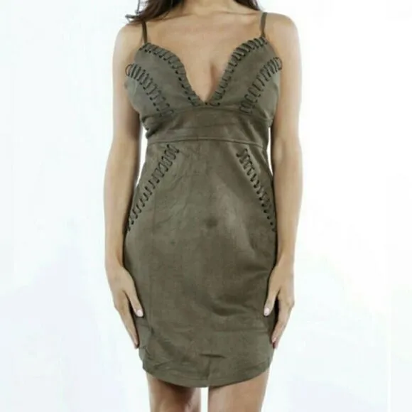 Laced Faux Suede Dress‎ Green Size L - Image 6