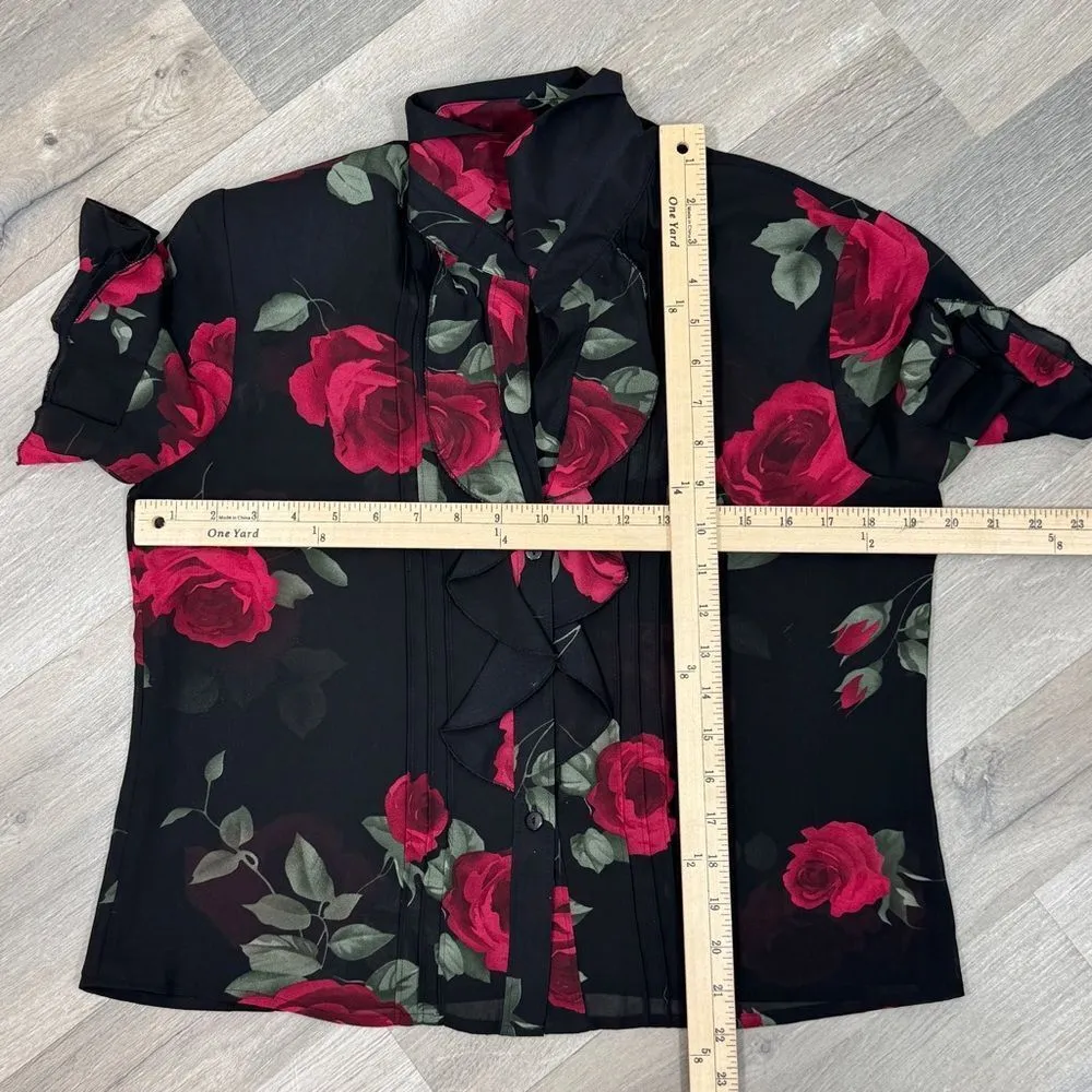 Studio I Sheer Ruffle‎ Trim Roses Floral Crop Y2K Blouse Black Red 8 Gothic Top - Image 10