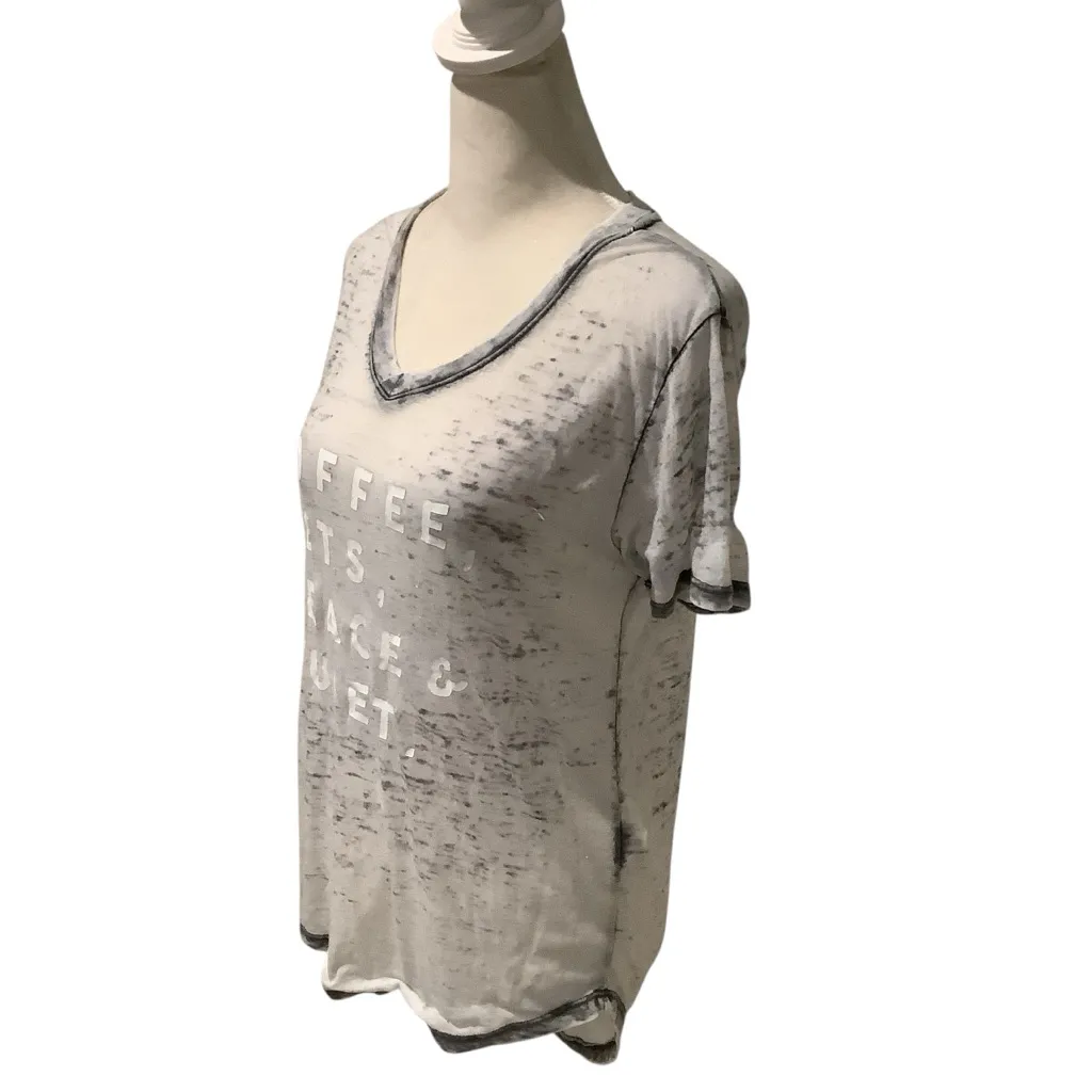 Women’s Distressed Gray Graphic High Low V Neck shirt COFFEE PETS PEACE & QUIET. - Image 5