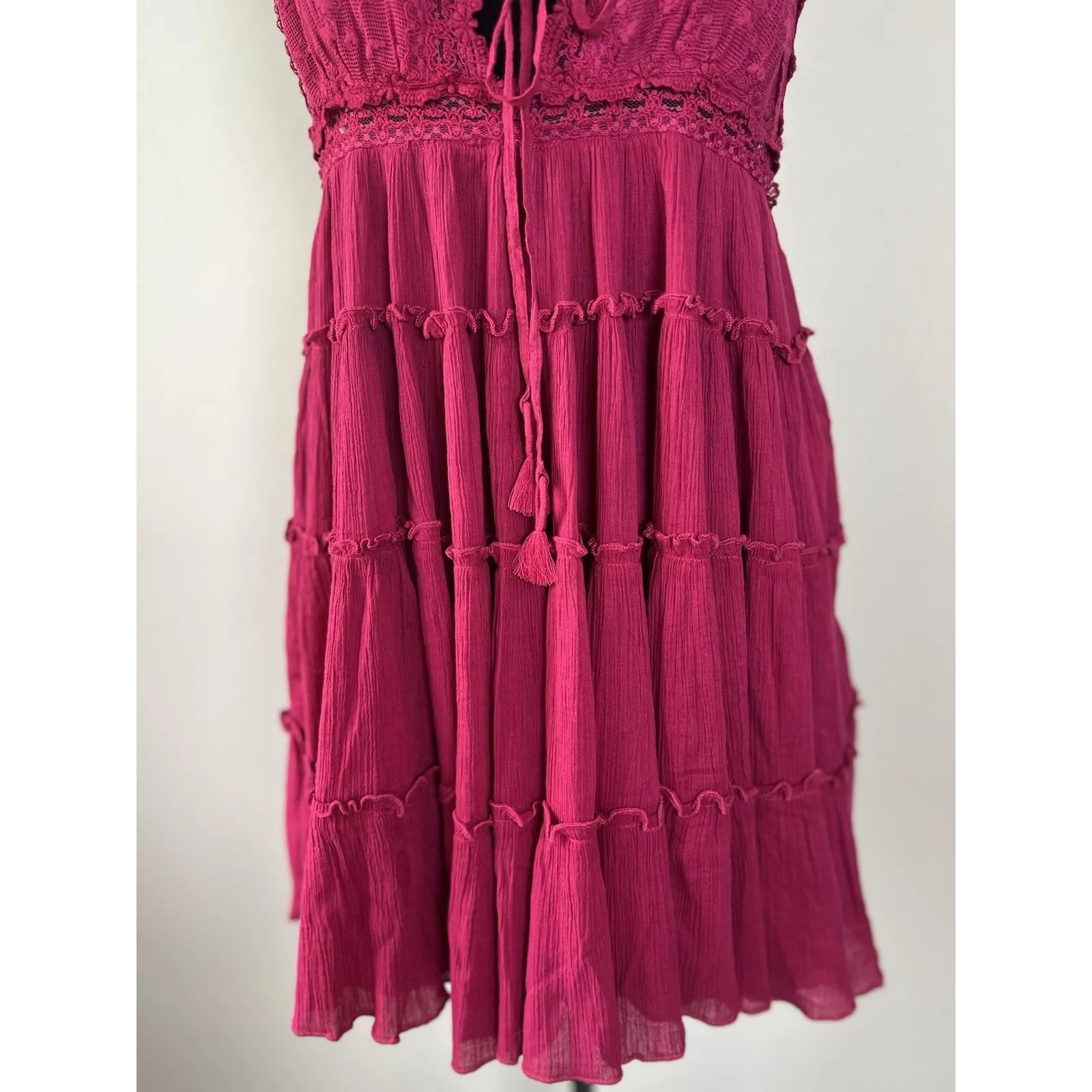 Free People Sunsetter Mini Slip Dress Tiered‎ Lace Trim Embroidered Summer Small - Image 7