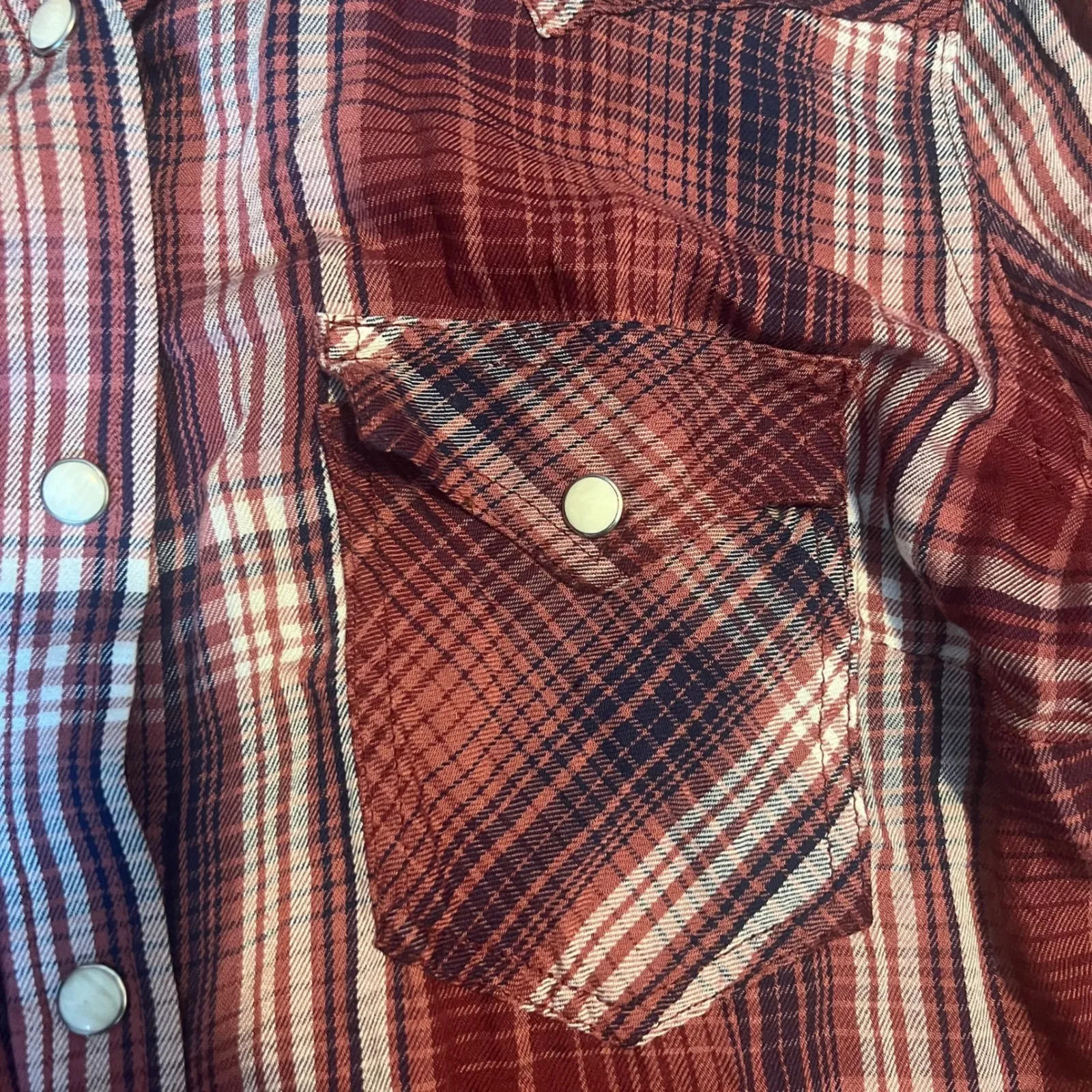 Wrangler Retro Western Plaid Pearl Snap Button Down Shirt Women M Viscose Maroon - Image 5