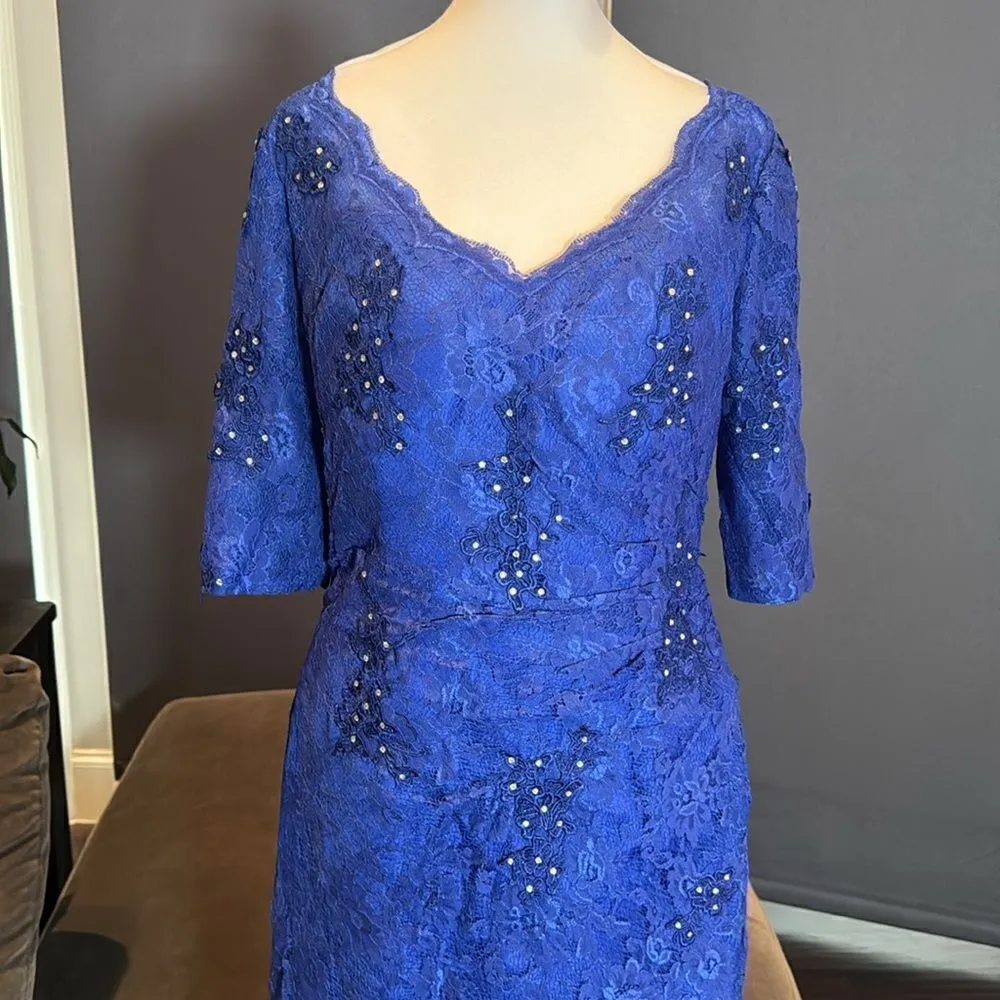 Women’s Full Length Blue Mermaid Fit Formal Dress Half Sleeve Zip Back Size 6 - Image 2