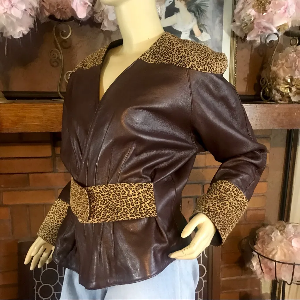 VINTAGE 1980'S KANAR BROWN LEATHER ANIMAL PRINT JACKET (M) Size M - Image 4