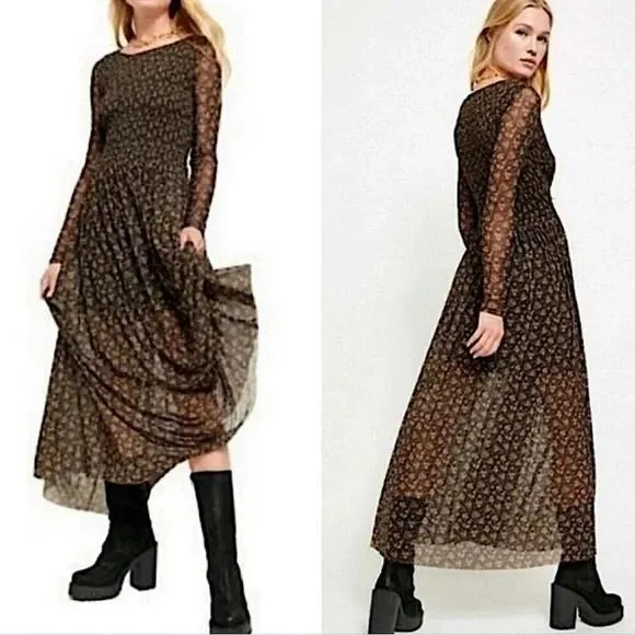 $128 Free People Black Hello & Goodbye Mesh Long Sleeve Maxi Dress Size Small - Image 2